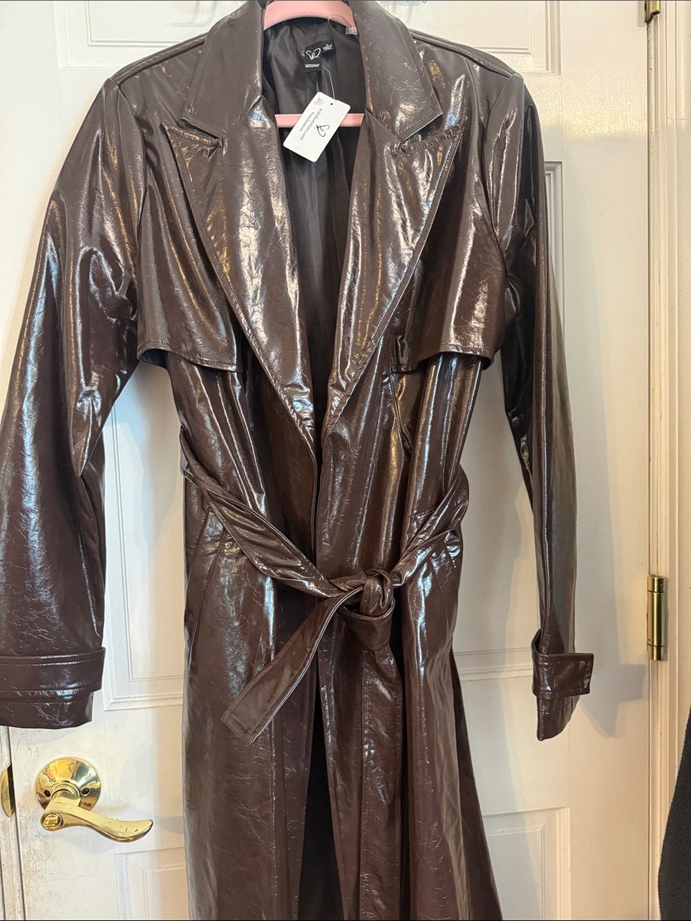 Windsor Glossy Chocolate Brown Faux Leather Trench Coat